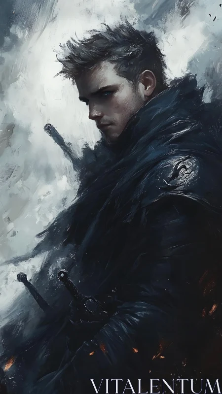 Moody warrior portrait uses dynamic brushwork and cold lighting contrast