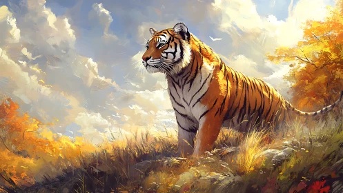 Majestic tiger surveys sunlit autumn hillside landscape.