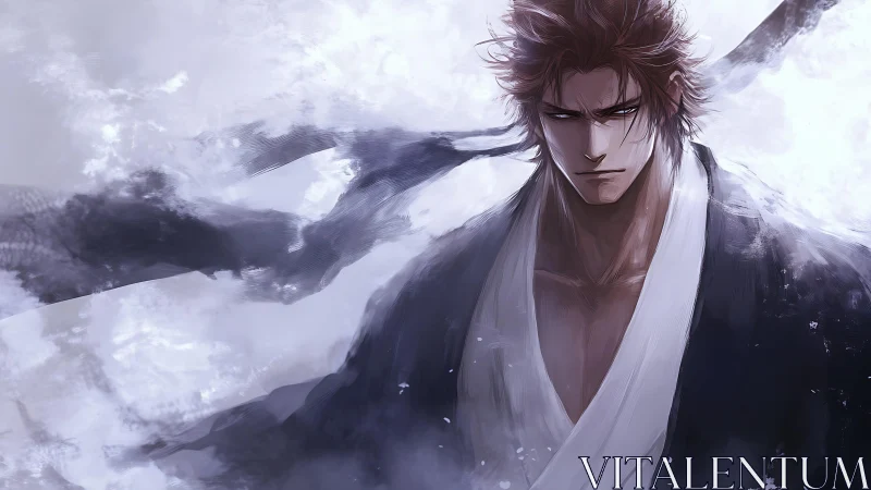 Stormborn swordsman sculpts silence from swirling winter mist