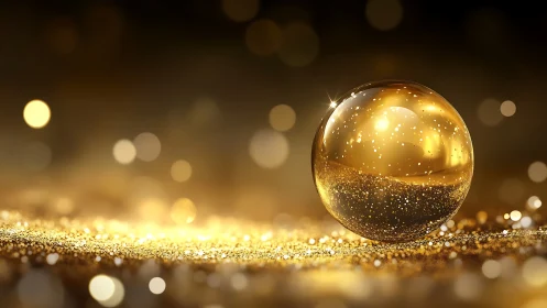 Golden crystal sphere rests on shimmering glitter field.