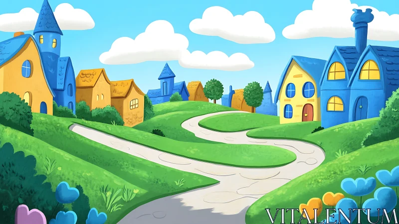 Stylized cartoon village with curved roads and saturated color planes