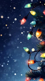 Colorful Christmas lights glow softly in a snowy night sky