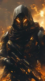 Hooded armored figure with glowing visor in fiery environment.