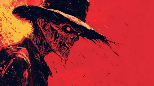 Skeletal figure in wide-brim hat on red abstract field.