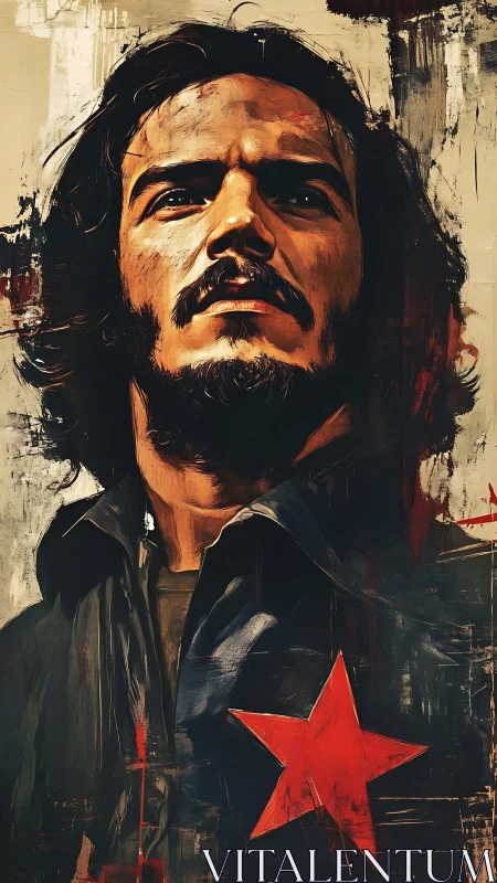 Revolutionary portrait with bold red star emblem detail.