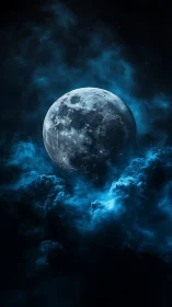 Luminous full moon emerging from deep cobalt storm clouds.