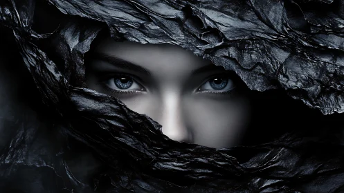 Piercing blue eyes emerge from dark metallic shrouded veil