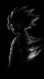 Monochrome anime warrior silhouette in dissolving light.