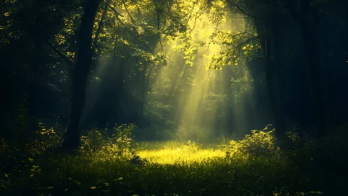 Volumetric sunbeams illuminating dense temperate forest glade.