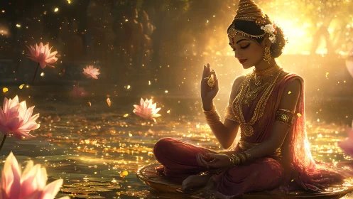 Golden-lit goddess in lotus pond meditative serenity scene.