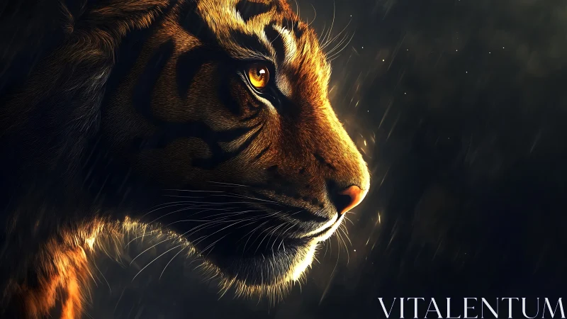 Tiger profile in low light with rain and warm highlights.
