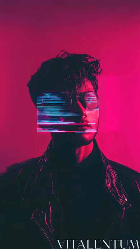 Neon magenta cyber-portrait with horizontal glitch occlusion.