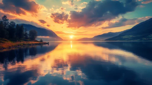 Sunset glow over quiet mountain lake and mirrored clouds.