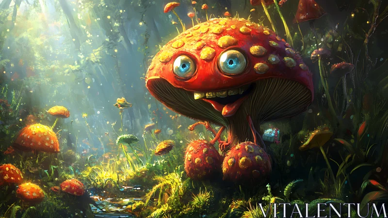 Cheerful cartoon mushroom grins brightly in a glowing forest