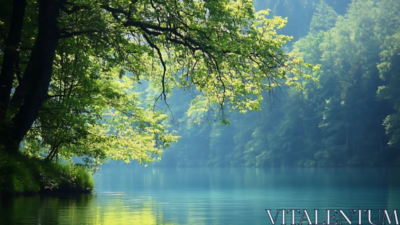 Sunlit forest canopy resting over a quiet turquoise lake.