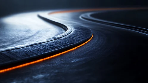 Curved wet racetrack glows with neon edge lighting at night