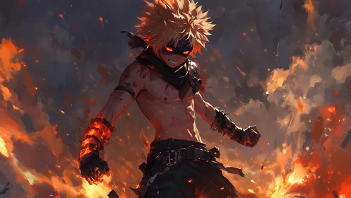 Explosive anime warrior ignites battlefield in blazing embers.