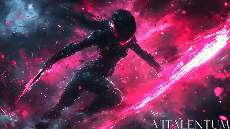 Cybernetic stealth operative with neon plasma blades in motion