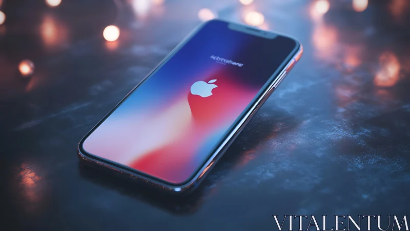 iPhone with Apple logo displayed on bokeh surface.