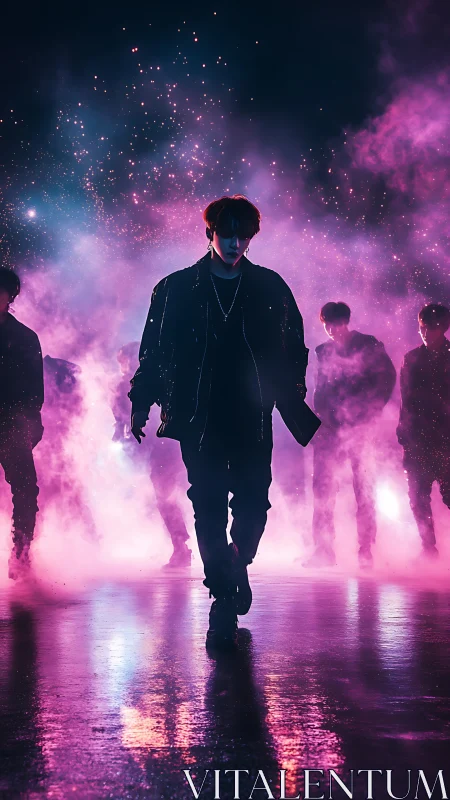 Silhouetted figures in neon fog with reflective wet ground.