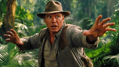 Alarmed jungle explorer extending hands in defensive reach.