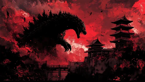 Giant monster silhouette looming over burning pagoda city.