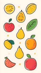 Playful flat fruit icons in vertical minimal illustration layout.