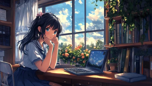 Anime study interior with laptop and luminous garden window.