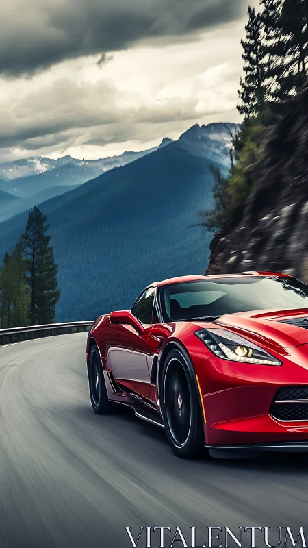 Red sports car powers through dramatic mountain highway.