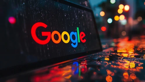Google logo on wet screen with neon bokeh reflections and shallow depth