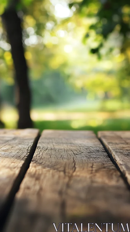 Weathered Wooden Deck Overlooks a Sun-Dappled Garden