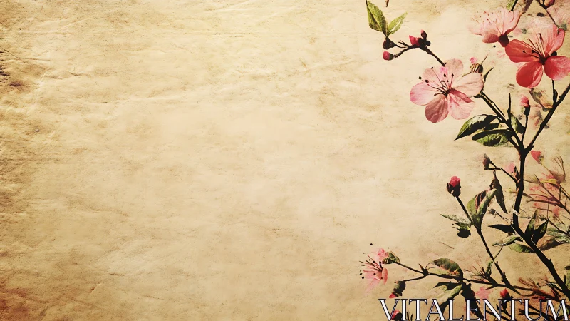 Delicate cherry blossoms contrast against aged parchment ground