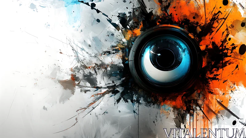 Radial cybernetic eye core intersects chaotic ink splatter field