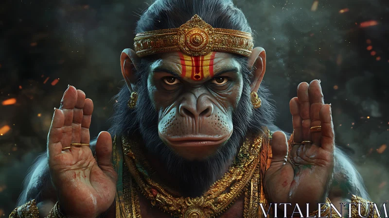 Divine simian warrior raises blessing hands in embers