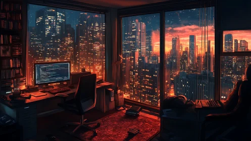Cozy coder’s city view glowing with warm sunset lights.