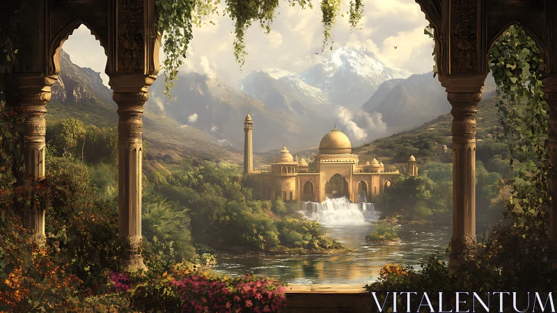 Golden cascade citadel beneath misty sapphire mountains.