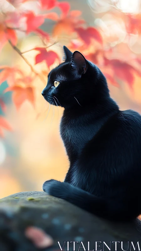 Black Cat Amid Autumn Foliage with Golden Eye.