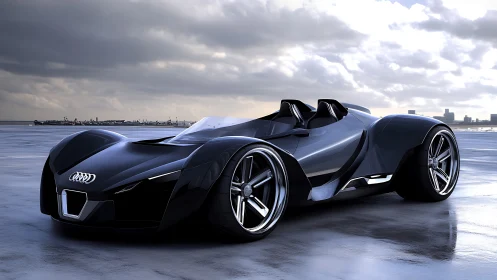 Futuristic black roadster concept stands poised under stormy skies