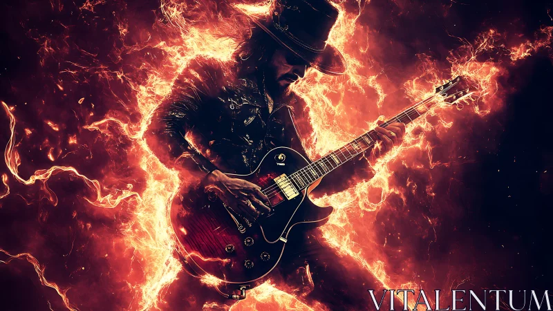 Flaming rock guitarist in inferno-lit digital fantasy scene.