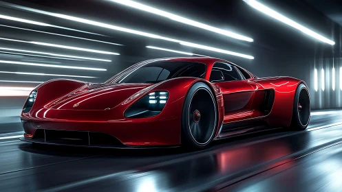Crimson electric supercar slicing through neon tunnel night.