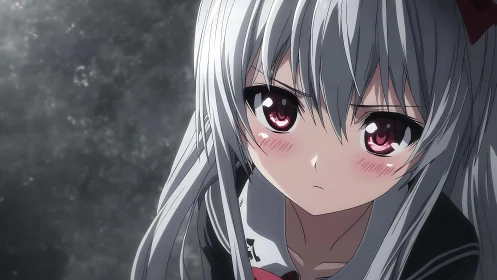 Silver haired anime girl with intense crimson gaze portrait.