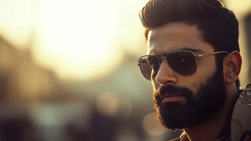 Bearded man in aviator sunglasses under warm sunset glow.