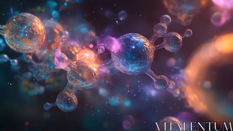 Glowing molecular clusters rendered as translucent 3D volumetric structures