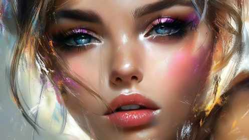 Hyperreal digital portrait of woman with iridescent makeup glow