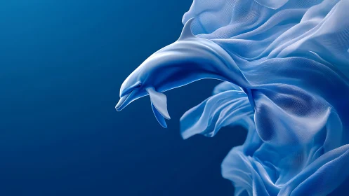 Digital dolphin emerges from translucent flowing fabric forms