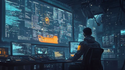 Cybersecurity analyst monitors futuristic data war room