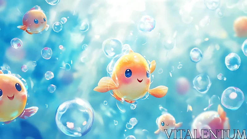 Luminous chibi goldfish swarm with refractive bubble field.