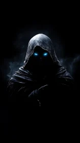 Hooded shadow figure glows with piercing blue eyes