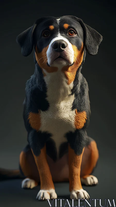 Tri-color dog portrait rendered in soft, dramatic lighting.