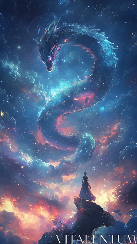 Celestial dragon form above lone figure on rocky summit.
